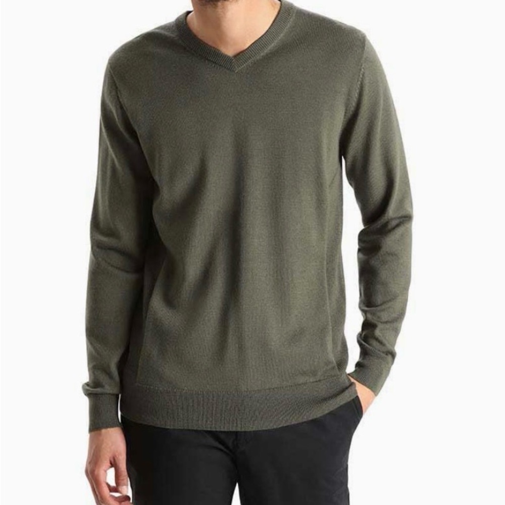 2022 Icebreaker Men Shearer V Neck 100% Wool Sweater Olive Green Long Sleeve Med